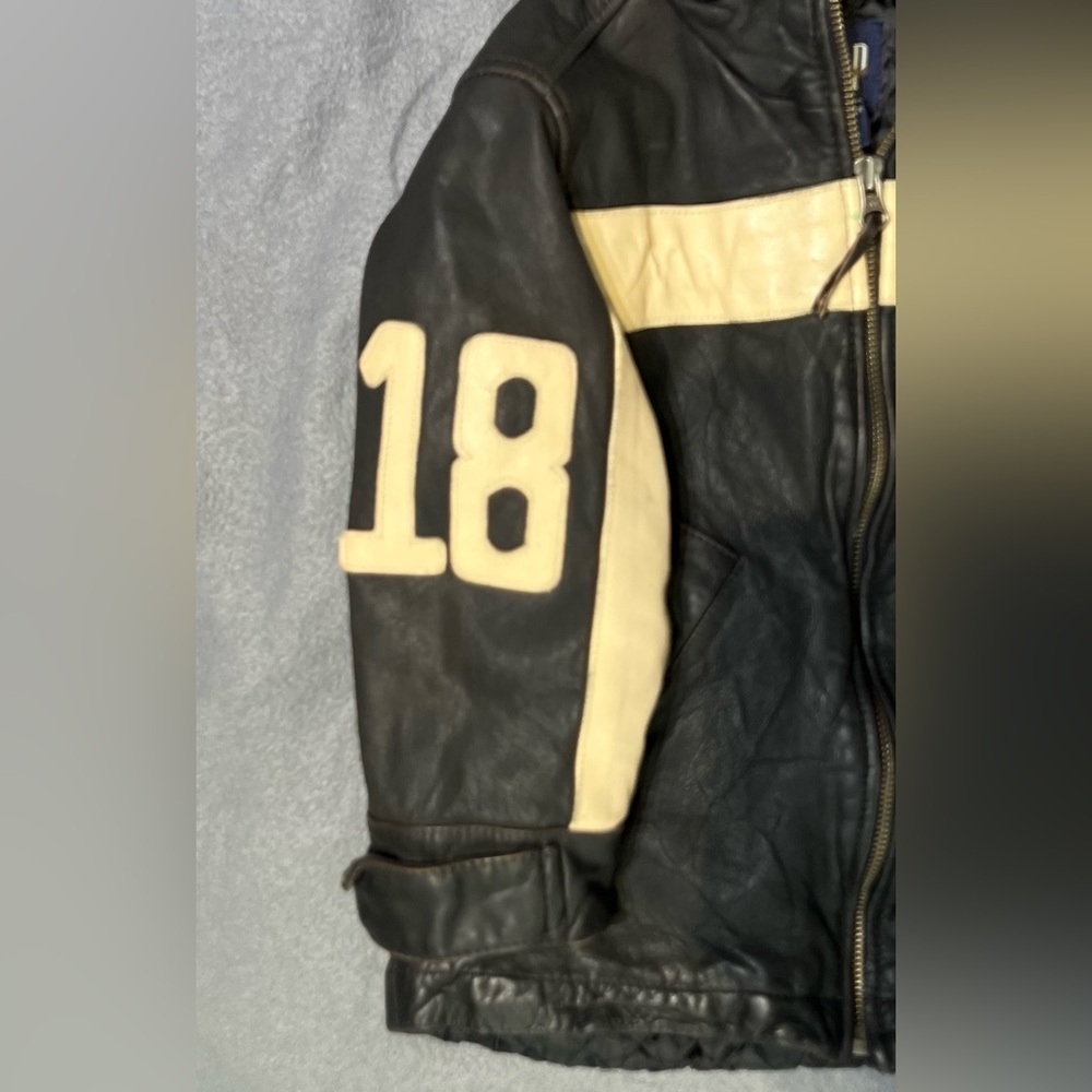 GAP Kids Black and Cream Bomber Leather Jacket Sporty Varsity Style - Picture 5 of 10